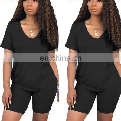 Clothing Manufacturers Custom Logo Women's Plus Size Summer V-neck Casual Sports T-shirt + Shorts Jogging Suit photo-5