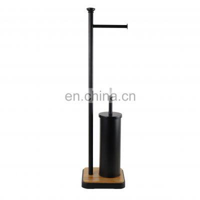 Bathroom Black Stainless Steel Toilet Brush Holder Luxury Toilet Paper Holder Shelf with Bamboo Base