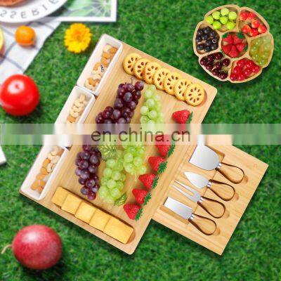 Natural Original Large Square, Charcuterie Wooden Bamboo Cheese Board With Grooved Cutlery 4 Stainless Steel Cheese Knives photo-3