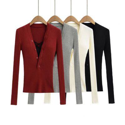 Pure Desire Style Sexy V-neck Slim Knitted Shirt Spring New Style Spicy Girl Style Lace Inner Long Sleeve Bottom Top