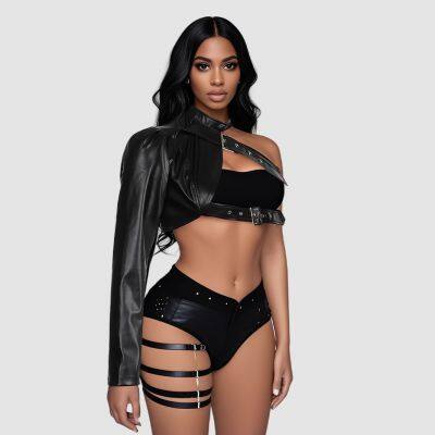2025 Black Punk Single Shoulder PU Leather Robe Rock Dance Versatile Irregular European and American Independent Station Customized Typing photo-2