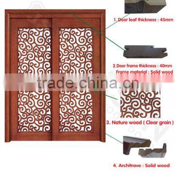 Rustic Interior Room Flower Carving Wood Frame Sliding Glass Door photo-3