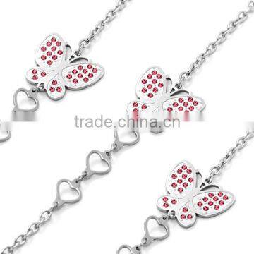 316L Charm Hot Sell Bracelet Butterfly Enclosed Red RhinEstones Taging Three Hollowing out Hearts Stainless Steel Bracelet