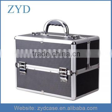 Aluminum portable black fancy cosmetic train case with tray, 340 x 210x 255mm