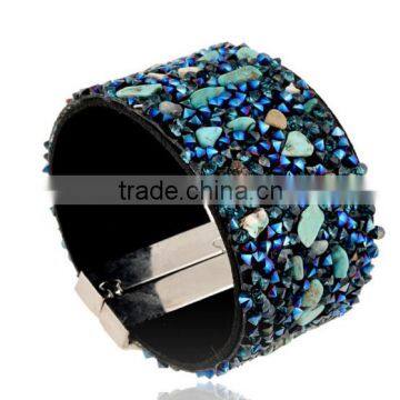 2016 Magnetic Leather Bracelet Drilling Diamond Wide Leather Bangle