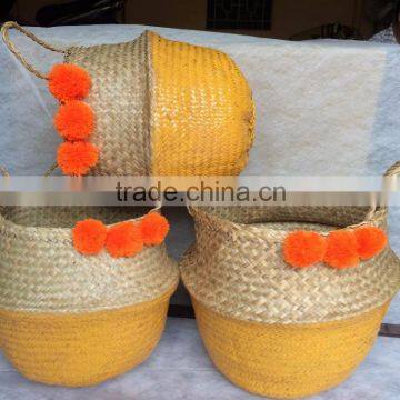 High quality Best selling orange dipped seagrass belly basket with pompoms