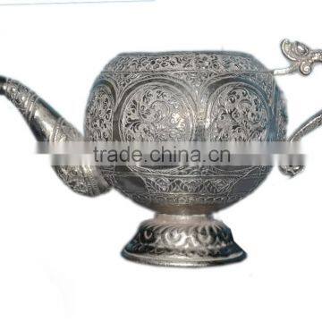 Japanese Dragon & Rose Motif Tea Kettle Pot Pewter w/Enamel Inside