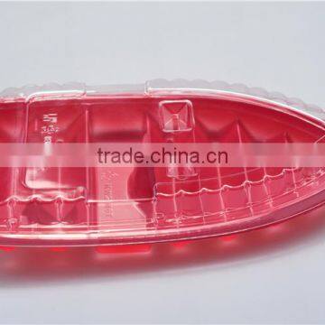 SM1-7101Red Color printed boat shaped plastic sushi tray with lid