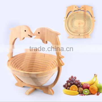 Sea Dolphin Style Carved Foldable Wood Bamboo Made Rustic Vegetable Fruit Dish Basket Bowl