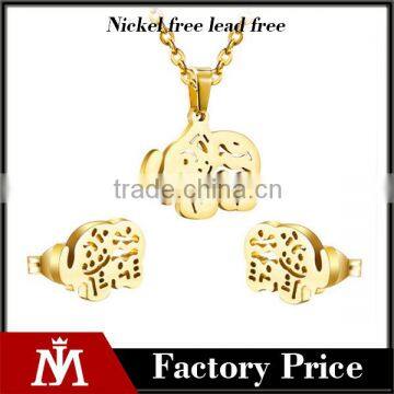 Fashion Mens Stainless Steel Animal Earring Hollow Elephant Pendant Necklace Jewelry Set