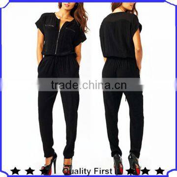 Chiffon fabric breezy fit with a collarless fashion black jumpsuit women