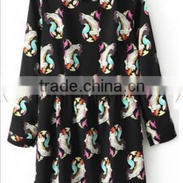 China wholesale Black Bird Print Long Sleeve Loose Polyester Dress