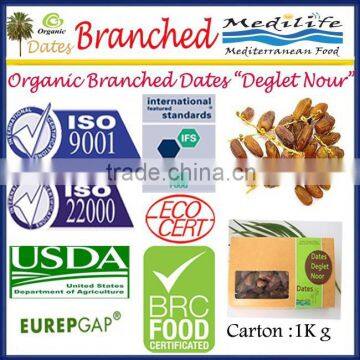 Organic Branched Dates Deglet Noor, Organic Branched Deglet Nour 1Kg Carton, Deglet Noor Dates