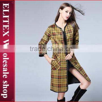 2015 European Design Yellow Plaid Wind Coat Ladyies Winter Dress