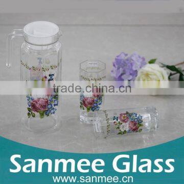 Octagonal Shaped Heat Transfer Printed Flower 7PCS Water Glass Set