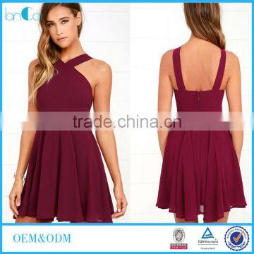 2017 Fashion Summer Woman Sexy Maxi Burgundy Skater Dkater Dress