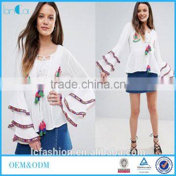 New Designs Fashion Hot Sale Boho Blouse Embroidered Layered Sleeve Women Tops Blouse