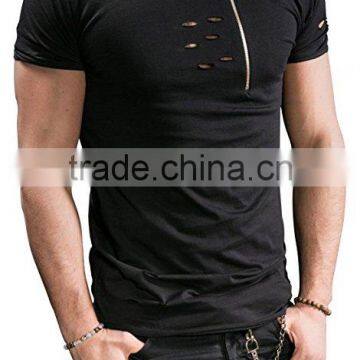 Curved Hem Blank Distressed t Shirts Mock Holes Longline Tee photo-2