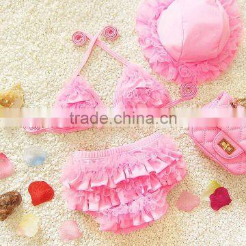 New Arrival summer beach solid color baby bikini kids girls chiffon bikini swim