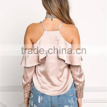 MGOO 2017 Latest Designs Women Satin Blouses Tops Plain Fashion Off Shoulder Crop Custom Ruffles Shirts photo-6