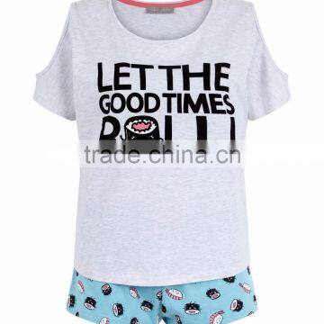 Grey Let The Good Times Roll Custom Logo Women Pyjama Set Cold Shoulder Design T Shirt With Shorts Nightwear photo-3