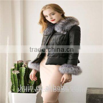 2016 New Women's Winter Fashion Imitation Faux Lether With Soft Faux Fox Fur Long Slim Fit Jacket Coat With Fox Fur Collar photo-2