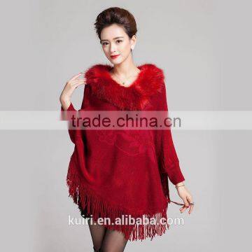 Elegant Knit Lady Shawl Winter Plus Size Thick Cape With Imtation Fox Fur Collar Trim Knit Batwing Autumn Top Quality Pashmina