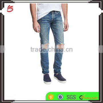 Distressed Slim-Fit Denim Jeans knee hole jeans blue rock denim pants