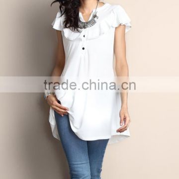 Hot Selling Women Blouse With White Ruffle Notch Neck Cap-Sleeve Tunic Women Tops Women Wear GD90426-8