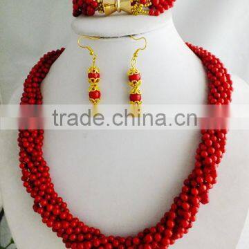 2015 Bride jewelry set!!! Red coral woven necklace earrings and bracelet for wedding