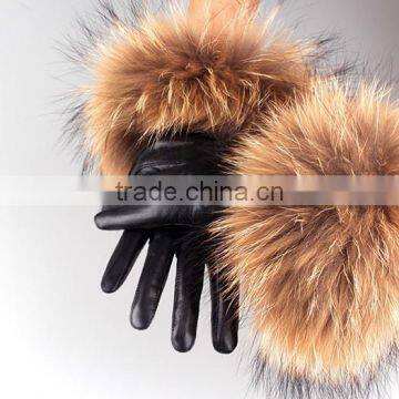 Raccoon Fur Sheepskin Leather Gloves for ladies