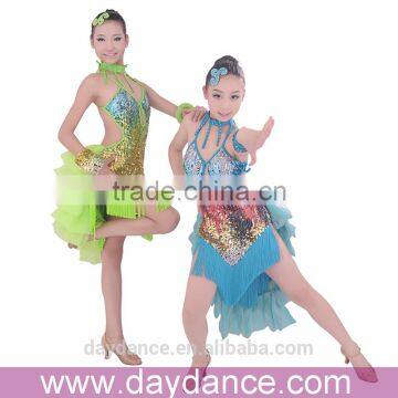 Sexy Straps Girls Child Latin Dance Wear Shiny Colorful Sequin Dance Costumes Fringed Ballroom Dancing Dresses For Kids