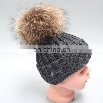 Child Baby Women Winter Knit Beanie Raccoon Fur Pom Bobble Hat Crochet Ski Cap