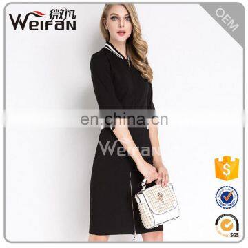 2016Half Sleeve Zipper Slim Women One-Piece Dress Black And White Striped Ladies Jacket Evening Dresses