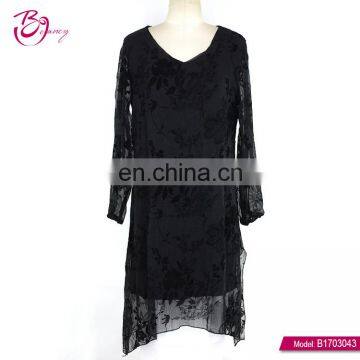V Neck Black Women Maxi Chiffon Pirnt Velvet Long Dress 2017