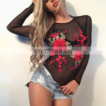 Mika72186 2017 Sexy Bodysuit Women Black Mesh round Neck Jumpsuits Romper Shorts Playsuits Sexy Embroidery Romper