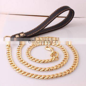New Golden Stainless Steel Leather Rope Pet Leash Training Dog photo-4