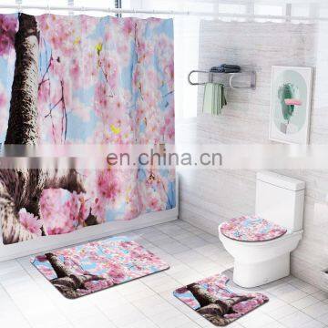 Wholesale Flower Anti Slip Bathroom Rug 4 Piece Set Custom print Shower curtain