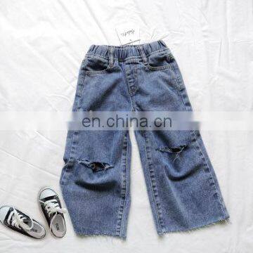 Children's ninth pants 2020 summer all-match casual wide-leg pants girls retro ripped jeans