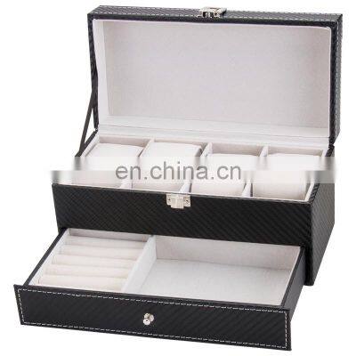 Double Layer 4 Slots Carbon Fiber PU Leather Jewelry Storage Watch Display Box With Drawer photo-2