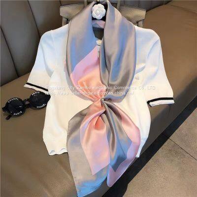 Pink Silk Oil Painting Satin Feels Soft Flowers Scarves Foreign Style High Quality 90*90CM photo-5