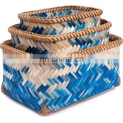 Supplier in Bulk Blue Mini Woven Bamboo Storage Basket Fruit Basket Wholesale Handwoven Made in Vietnam