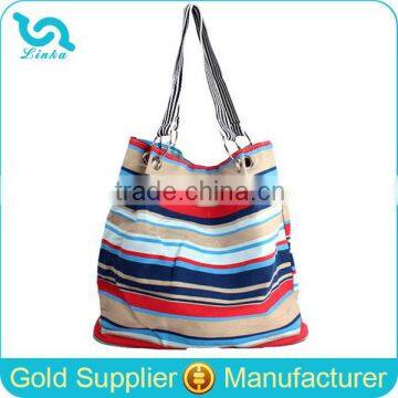 Promotional Stripe Pattern Canvas Beach Bag Large Beach Bag With Snap Closure