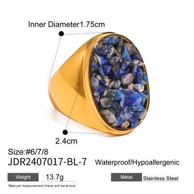 Gold Plated Stainless Steel Natural Stone Ring for Women Blue Irregular Gemstone Statement Ring Waterproof Hypoallergenic Jewelry photo-4