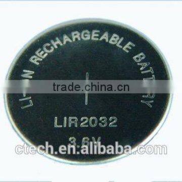 lir2032 rechargeable 3.6v lithium ion button battery