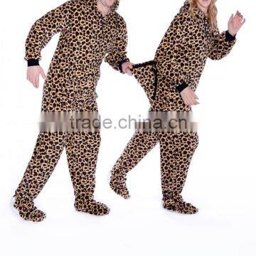 Wholesale Warm Plush Adult Footed Pajamas with Hood in Leopard Print