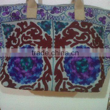 Wholesale Lot of~Leather Handle Shopping Bag with Suzani Embriodery from India Pakistan Uzbekistan