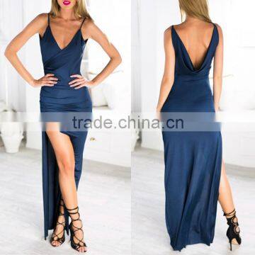 Women summer fashion split front strap satin evening dress