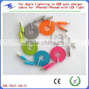 Colorful Flat Noodle Type Lightning To USB Cable For iPhone5/iPhone6/iPhone6 plus with LED light