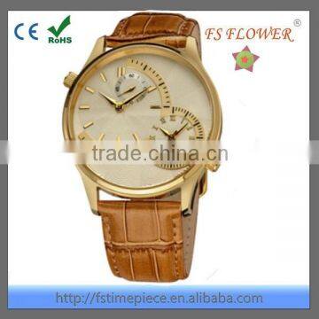 FS FLOWER - Newest Fashion Dual Time Classic Type Men Watch With Champagne Color Genuine Leather Strap